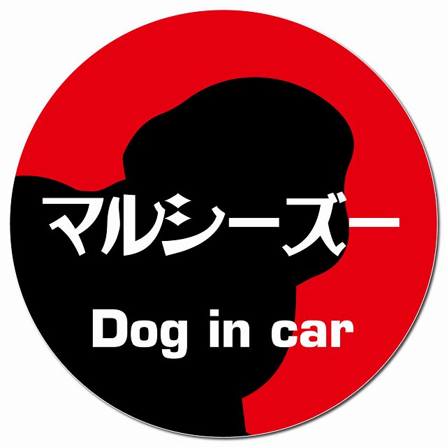 Dog in car マルシーズー レトロ書体 レッド マグネット 車用 直径13cm 丸型 カーマグネット 表示プレート