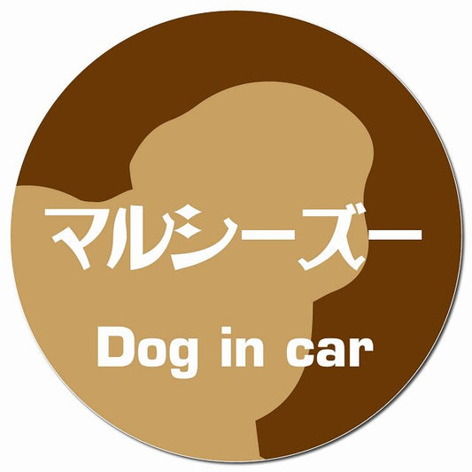 Dog in car マルシーズー レトロ書体 ブラウン マグネット 車用 直径13cm 丸型 カーマグネット 表示プレート