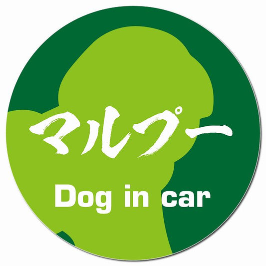 Dog in car マルプー 毛筆書体 グリーン マグネット 車用 直径13cm 丸型 カーマグネット 表示プレート