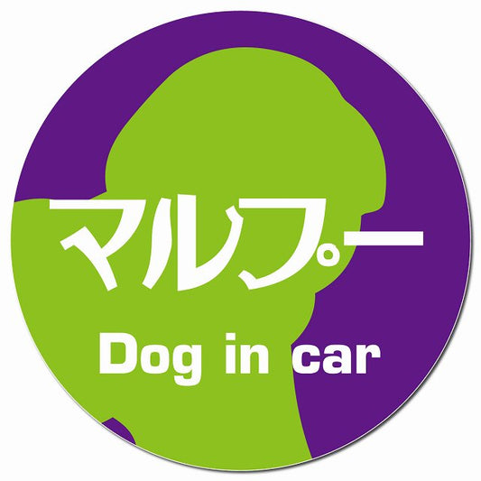 Dog in car マルプー レトロ書体 パープルグリーン マグネット 車用 直径13cm 丸型 カーマグネット 表示プレート