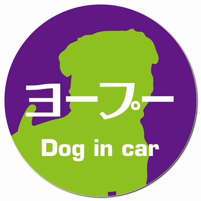 Dog in car ヨープー レトロ書体 パープルグリーン マグネット 車用 直径13cm 丸型 カーマグネット 表示プレート