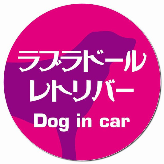 Dog in car ラブラドールレトリバー レトロ書体 ピンクパープル マグネット 車用 直径13cm 丸型 カーマグネット 表示プレート