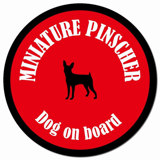 カラフル Dog on board ミニチュアピンシャー レッド＆ブラック マグネット 車用 直径13cm 丸型 カーマグネット