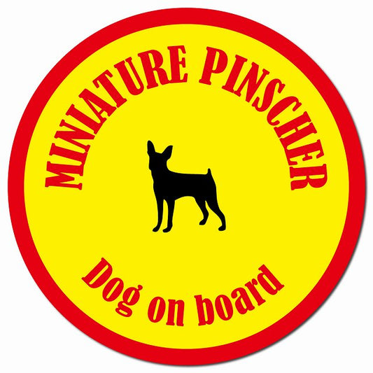 カラフル Dog on board ミニチュアピンシャー イエロー&レッド マグネット 車用 直径13cm 丸型 カーマグネット