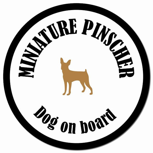 カラフル Dog on board ミニチュアピンシャー ホワイト&ブラック マグネット 車用 直径13cm 丸型 カーマグネット