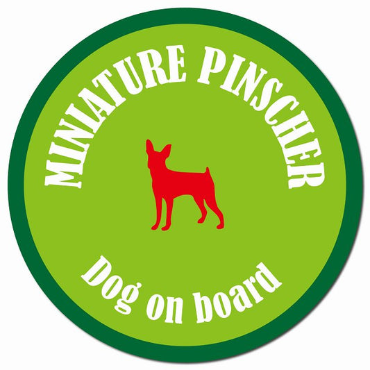 カラフル Dog on board ミニチュアピンシャー ライトグリーン＆グリーン マグネット 車用 直径13cm 丸型 カーマグネット