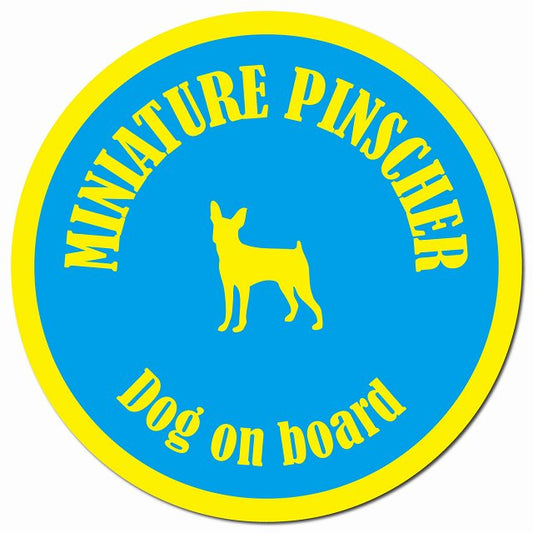 カラフル Dog on board ミニチュアピンシャー ブルー&イエロー マグネット 車用 直径13cm 丸型 カーマグネット