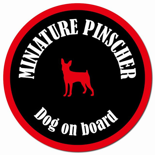 カラフル Dog on board ミニチュアピンシャー ブラック&レッド マグネット 車用 直径13cm 丸型 カーマグネット