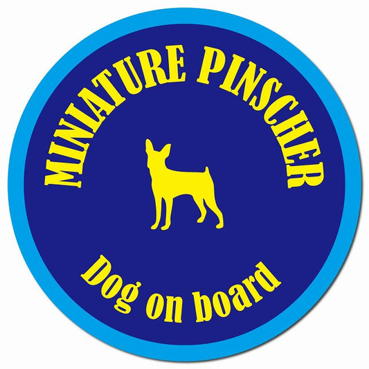 カラフル Dog on board ミニチュアピンシャー ネイビー&ブルー マグネット 車用 直径13cm 丸型 カーマグネット