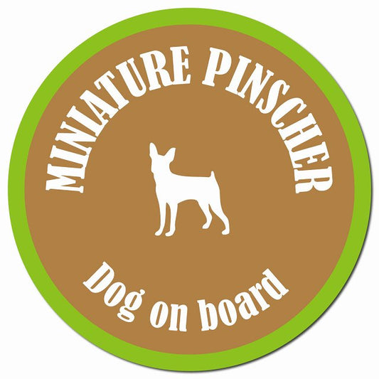 カラフル Dog on board ミニチュアピンシャー ブラウン&グリーン マグネット 車用 直径13cm 丸型 カーマグネット