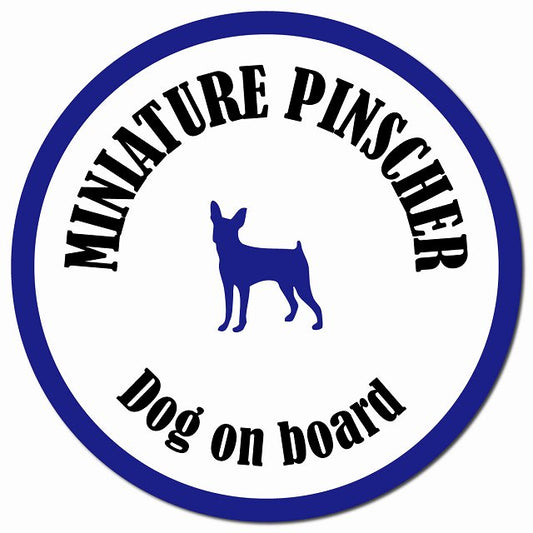カラフル Dog on board ミニチュアピンシャー ホワイト&ネイビー マグネット 車用 直径13cm 丸型 カーマグネット
