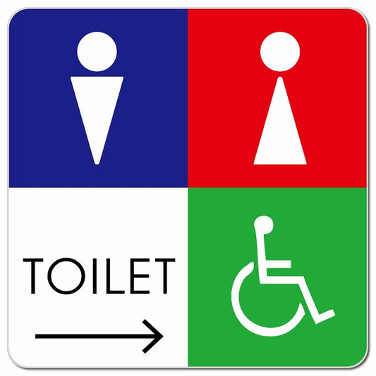 トイレ 御手洗 TOILET トイレマーク D2男女車椅子 右 矢印 ピクトサイン マグネット 正方形 13x13cm マグネットサイン 誘導表示 ピクトグラム