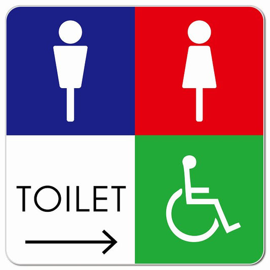 トイレ 御手洗 TOILET トイレマーク E2男女車椅子 右 矢印 ピクトサイン マグネット 正方形 13x13cm マグネットサイン 誘導表示 ピクトグラム