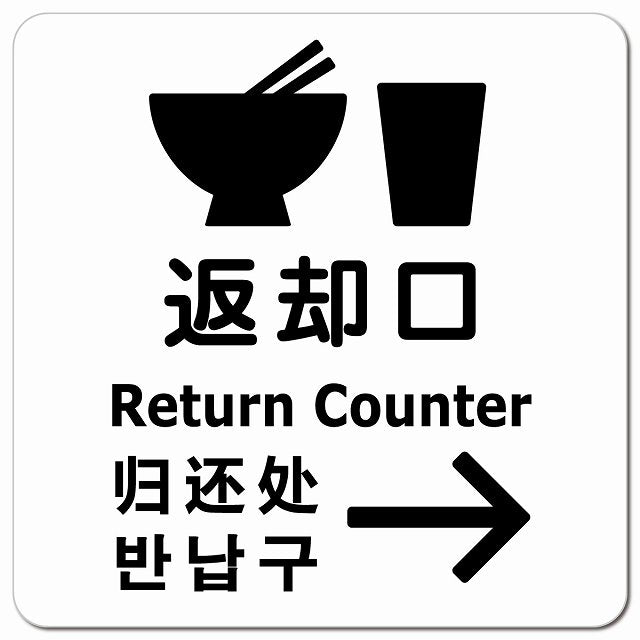 返却口 皿 カップ イラスト入り 多言語 英語 中国語 韓国語 対応 ホワイト 右矢印 ピクトサイン マグネット 正方形 13x13cm マグネットサイン 外国人対応 ピクトグラム