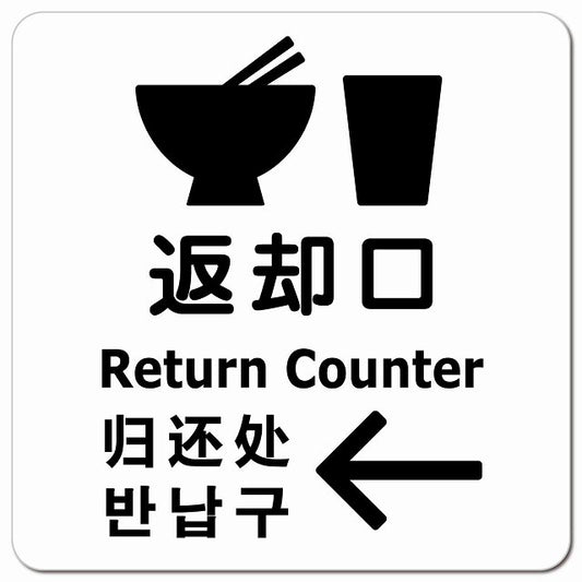 返却口 皿 カップ イラスト入り 多言語 英語 中国語 韓国語 対応 ホワイト 左矢印 ピクトサイン マグネット 正方形 13x13cm マグネットサイン 外国人対応 ピクトグラム