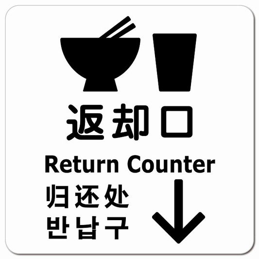 返却口 皿 カップ イラスト入り 多言語 英語 中国語 韓国語 対応 ホワイト 下矢印 ピクトサイン マグネット 正方形 13x13cm マグネットサイン 外国人対応 ピクトグラム