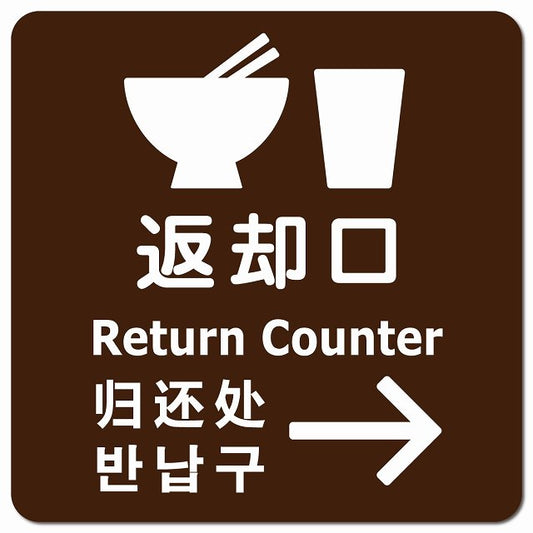 返却口 皿 カップ イラスト入り 多言語 英語 中国語 韓国語 対応 ブラウン 右矢印 ピクトサイン マグネット 正方形 13x13cm マグネットサイン 外国人対応 ピクトグラム