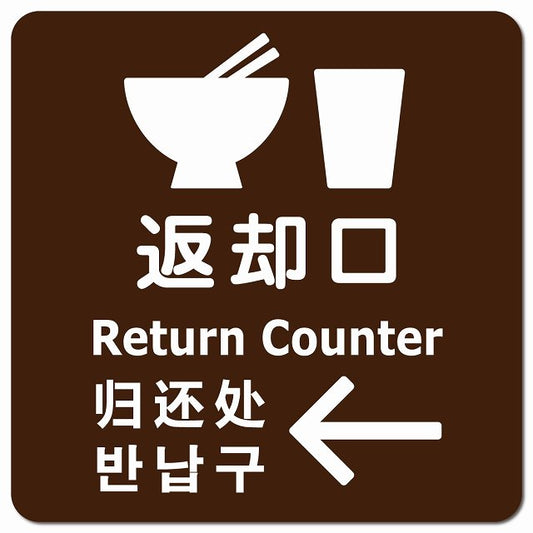 返却口 皿 カップ イラスト入り 多言語 英語 中国語 韓国語 対応 ブラウン 左矢印 ピクトサイン マグネット 正方形 13x13cm マグネットサイン 外国人対応 ピクトグラム
