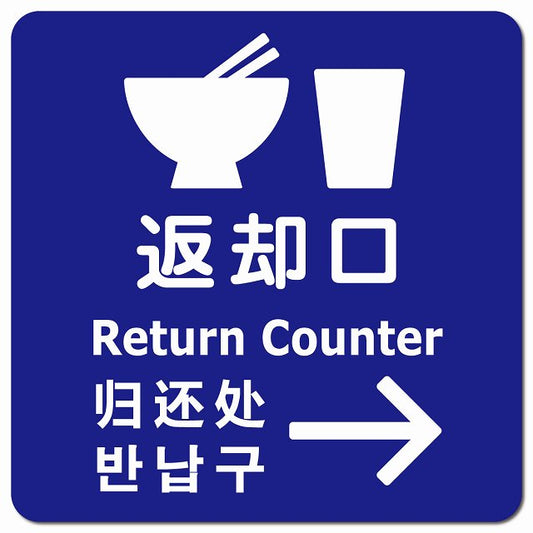 返却口 皿 カップ イラスト入り 多言語 英語 中国語 韓国語 対応 ブルー 右矢印 ピクトサイン マグネット 正方形 13x13cm マグネットサイン 外国人対応 ピクトグラム