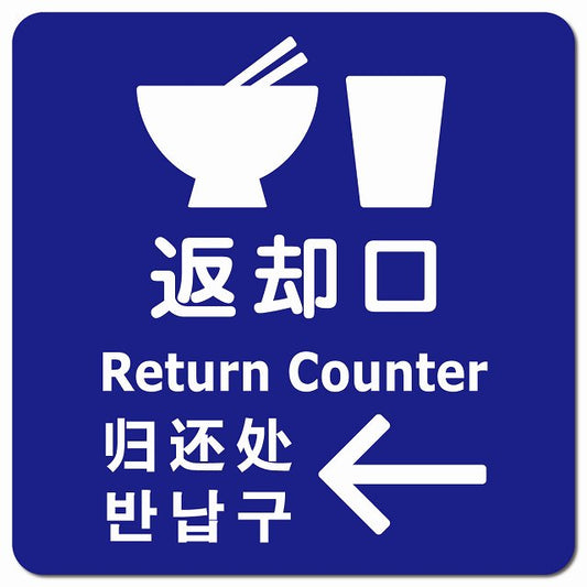 返却口 皿 カップ イラスト入り 多言語 英語 中国語 韓国語 対応 ブルー 左矢印 ピクトサイン マグネット 正方形 13x13cm マグネットサイン 外国人対応 ピクトグラム