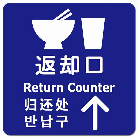 返却口 皿 カップ イラスト入り 多言語 英語 中国語 韓国語 対応 ブルー 上矢印 ピクトサイン マグネット 正方形 13x13cm マグネットサイン 外国人対応 ピクトグラム