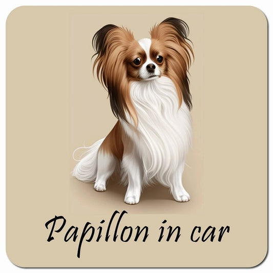 Dog in Car イラスト付 パピヨン Aタイプ 車用 マグネット 13x13cm 正方形 カーマグネット 表示プレート