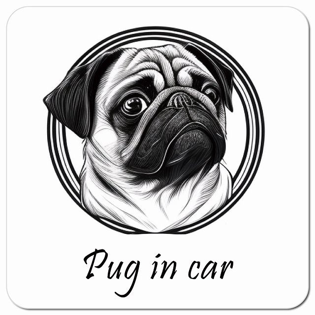Dog in Car イラスト付 パグ Aタイプ 車用 マグネット 13x13cm 正方形 カーマグネット 表示プレート