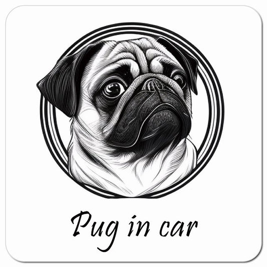 Dog in Car イラスト付 パグ Aタイプ 車用 マグネット 13x13cm 正方形 カーマグネット 表示プレート
