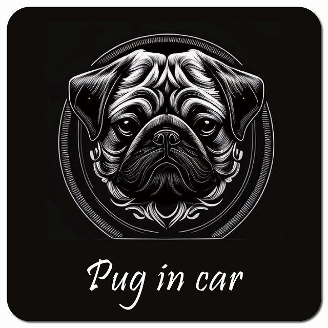Dog in Car イラスト付 パグ Bタイプ 車用 マグネット 13x13cm 正方形 カーマグネット 表示プレート