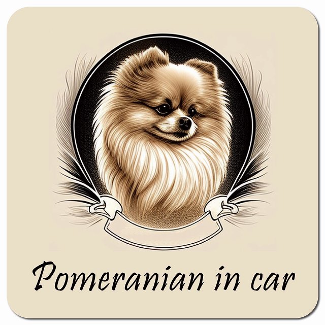 Dog in Car イラスト付 ポメラニアン Bタイプ 車用 マグネット 13x13cm 正方形 カーマグネット 表示プレート
