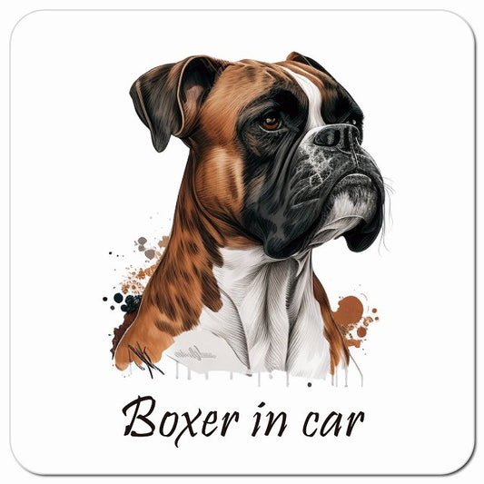 Dog in Car イラスト付 ボクサー Aタイプ 車用 マグネット 13x13cm 正方形 カーマグネット 表示プレート