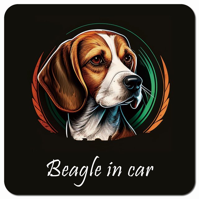 Dog in Car イラスト付 ビーグル Bタイプ 車用 マグネット 13x13cm 正方形 カーマグネット 表示プレート