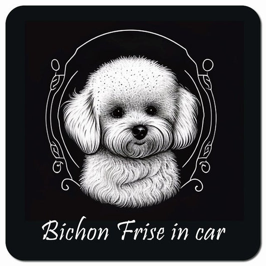 Dog in Car イラスト付 ビションフリーゼ Bタイプ 車用 マグネット 13x13cm 正方形 カーマグネット 表示プレート