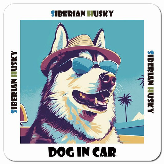 Dog in car 海 麦わら帽子 サングラス Siberian Husky シベリアンハスキー車用 マグネット 13x13cm 正方形 カーマグネット 表示プレート