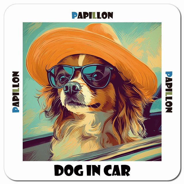 Dog in car 海 麦わら帽子 サングラス Papillon パピヨン車用 マグネット 13x13cm 正方形 カーマグネット 表示プレート