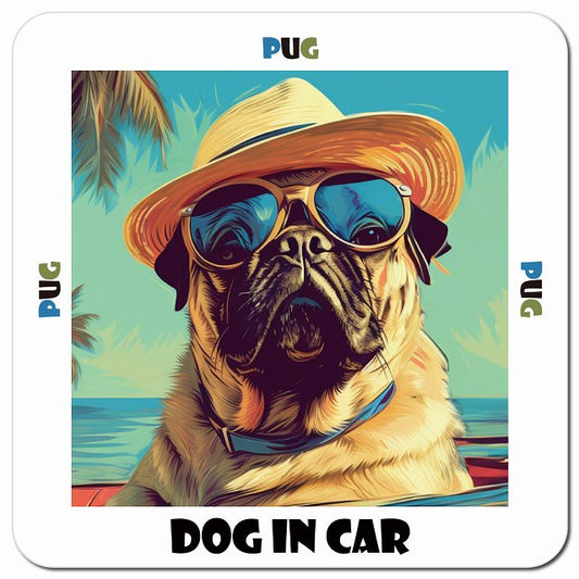 Dog in car 海 麦わら帽子 サングラス Pug パグ車用 マグネット 13x13cm 正方形 カーマグネット 表示プレート