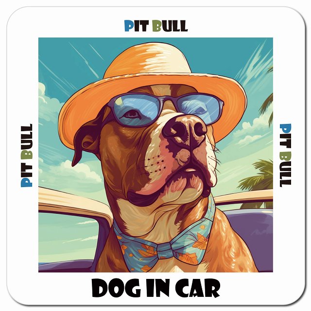 Dog in car 海 麦わら帽子 サングラス Pit Bull ピットブル車用 マグネット 13x13cm 正方形 カーマグネット 表示プレート