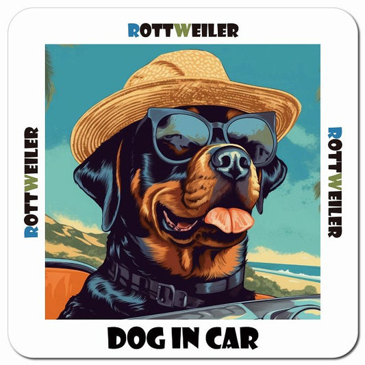 Dog in car 海 麦わら帽子 サングラス Rottweiler ロットワイラー車用 マグネット 13x13cm 正方形 カーマグネット 表示プレート