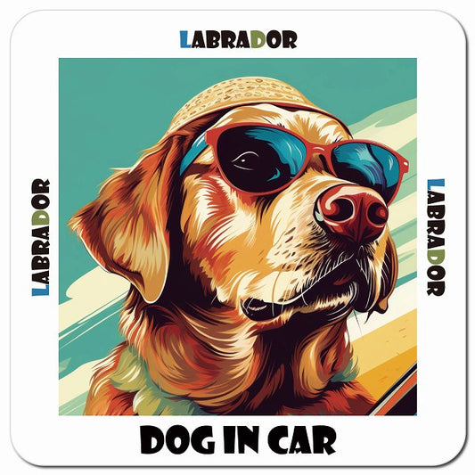 Dog in car 海 麦わら帽子 サングラス Labrador ラブラドール車用 マグネット 13x13cm 正方形 カーマグネット 表示プレート