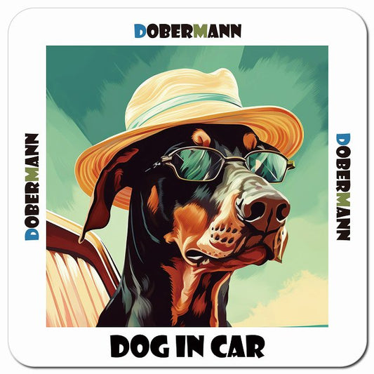 Dog in car 海 麦わら帽子 サングラス Doberman ドーベルマン車用 マグネット 13x13cm 正方形 カーマグネット 表示プレート