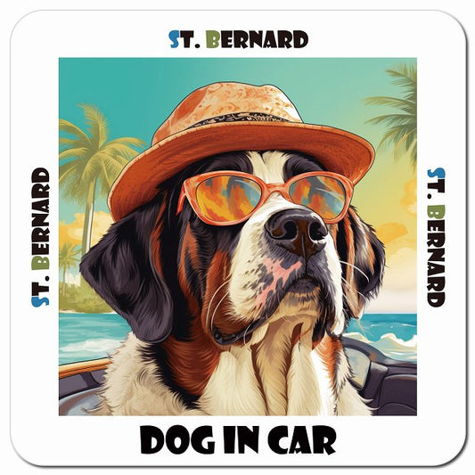 Dog in car 海 麦わら帽子 サングラス St. Bernard セントバーナード車用 マグネット 13x13cm 正方形 カーマグネット 表示プレート