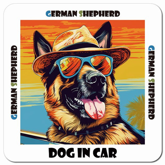 Dog in car 海 麦わら帽子 サングラス German Shepherd ジャーマンシェパード車用 マグネット 13x13cm 正方形 カーマグネット 表示プレート