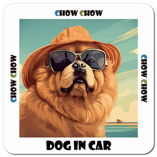 Dog in car 海 麦わら帽子 サングラス Chow チャウチャウ車用 マグネット 13x13cm 正方形 カーマグネット 表示プレート