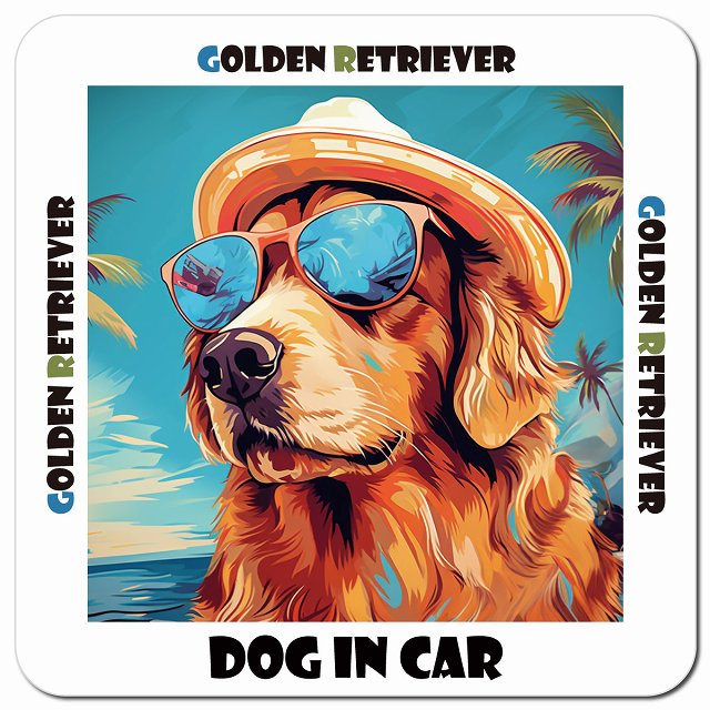 Dog in car 海 麦わら帽子 サングラス Golden Retriever ゴールデンレトリバー車用 マグネット 13x13cm 正方形 カーマグネット 表示プレート