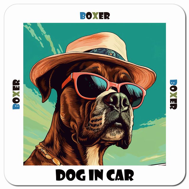 Dog in car 海 麦わら帽子 サングラス Boxer ボクサー車用 マグネット 13x13cm 正方形 カーマグネット 表示プレート