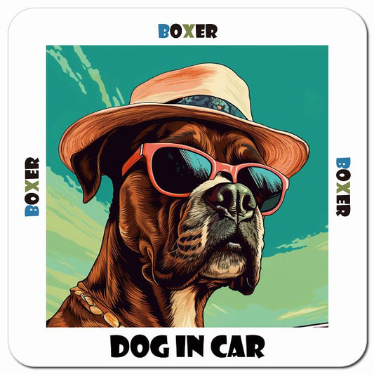 Dog in car 海 麦わら帽子 サングラス Boxer ボクサー車用 マグネット 13x13cm 正方形 カーマグネット 表示プレート