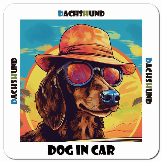 Dog in car 海 麦わら帽子 サングラス Dachshund ダックスフント車用 マグネット 13x13cm 正方形 カーマグネット 表示プレート
