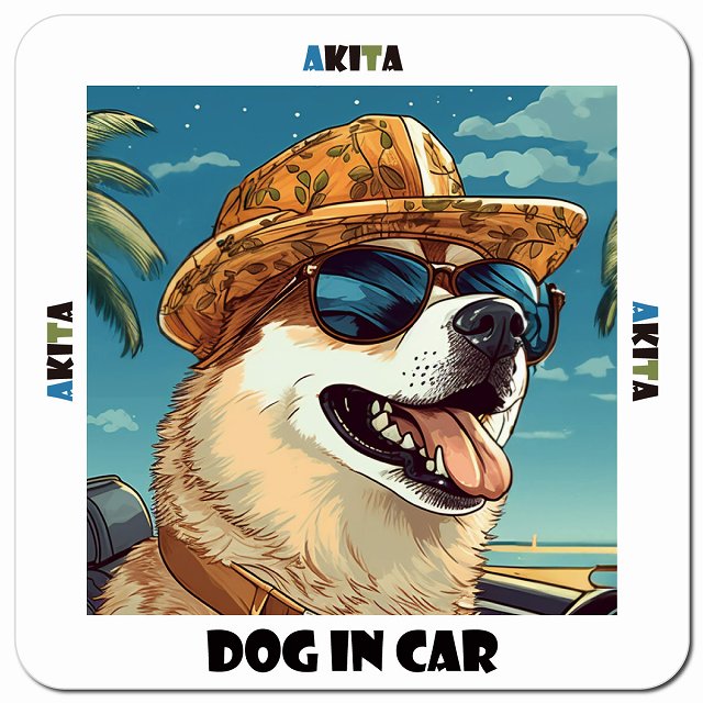 Dog in car 海 麦わら帽子 サングラス Akita 秋田犬車用 マグネット 13x13cm 正方形 カーマグネット 表示プレート
