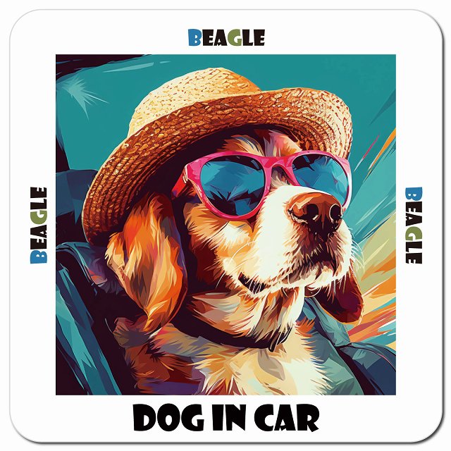 Dog in car 海 麦わら帽子 サングラス Beagle ビーグル車用 マグネット 13x13cm 正方形 カーマグネット 表示プレート