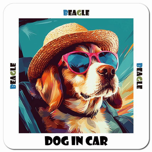 Dog in car 海 麦わら帽子 サングラス Beagle ビーグル車用 マグネット 13x13cm 正方形 カーマグネット 表示プレート